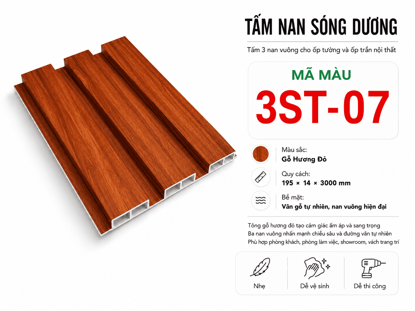 Tấm Ốp Nan Sóng Dương 3ST-07 Gỗ Hương Đỏ
