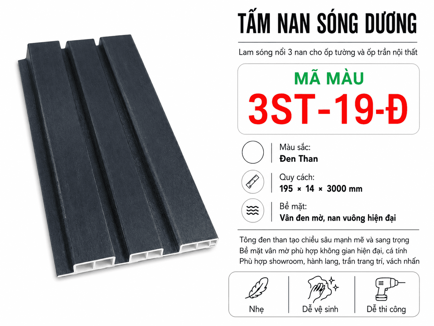 Tấm Ốp Nan Sóng Dương 3ST-19-Đ Đen Than