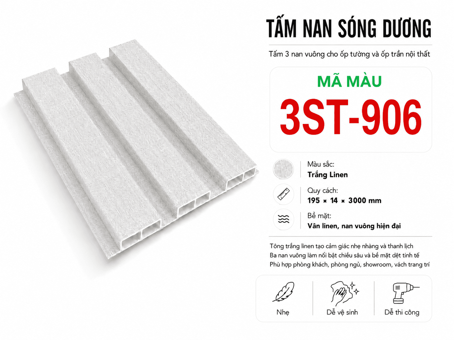 Tấm Ốp Nan Sóng Dương 3ST-906 Trắng Linen