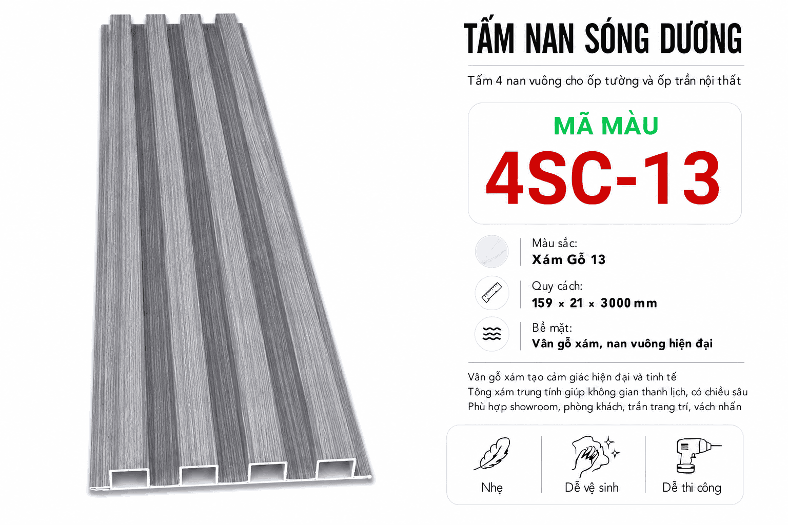Tấm Ốp Nan Sóng Dương 4SC-13 Xám Gỗ