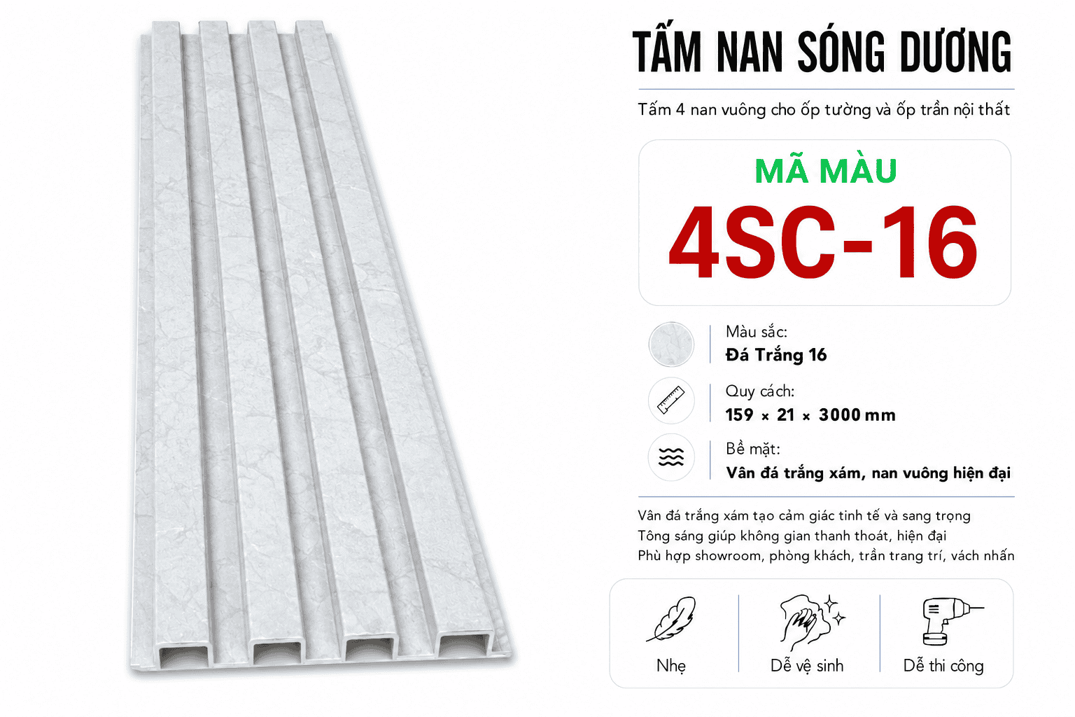 Tấm Ốp Nan Sóng Dương 4SC-16 Đá Trắng