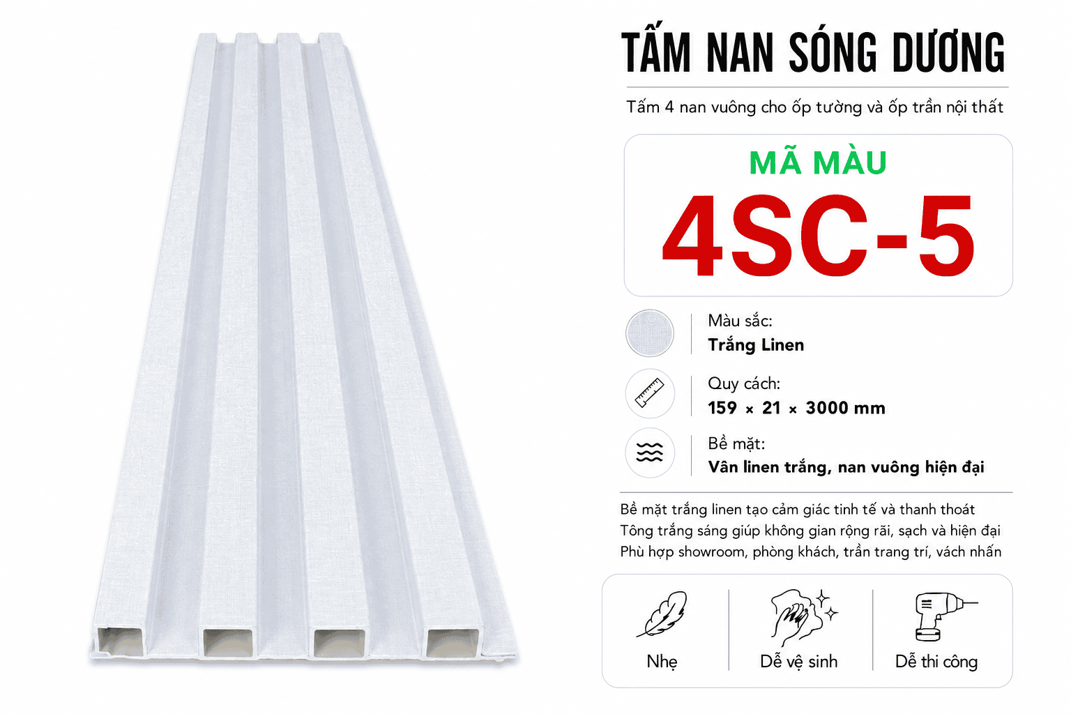 Tấm Ốp Nan Sóng Dương 4SC-05 Trắng Linen