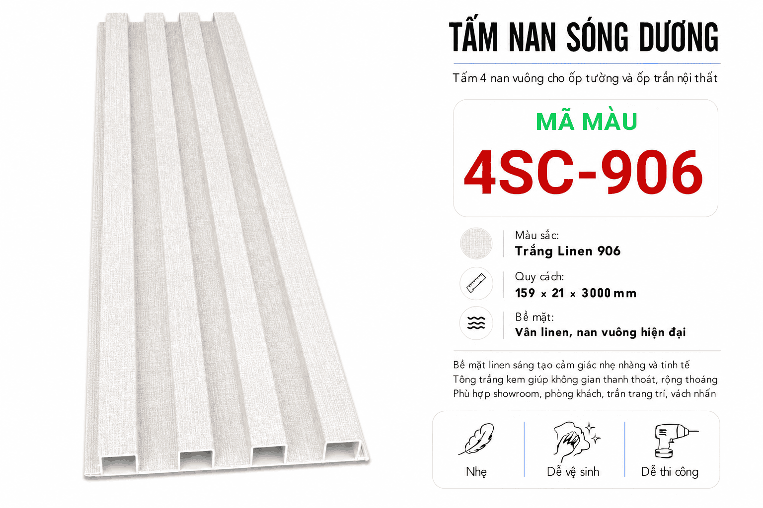 Tấm Ốp Nan Sóng Dương 4SC-906 Trắng Linen