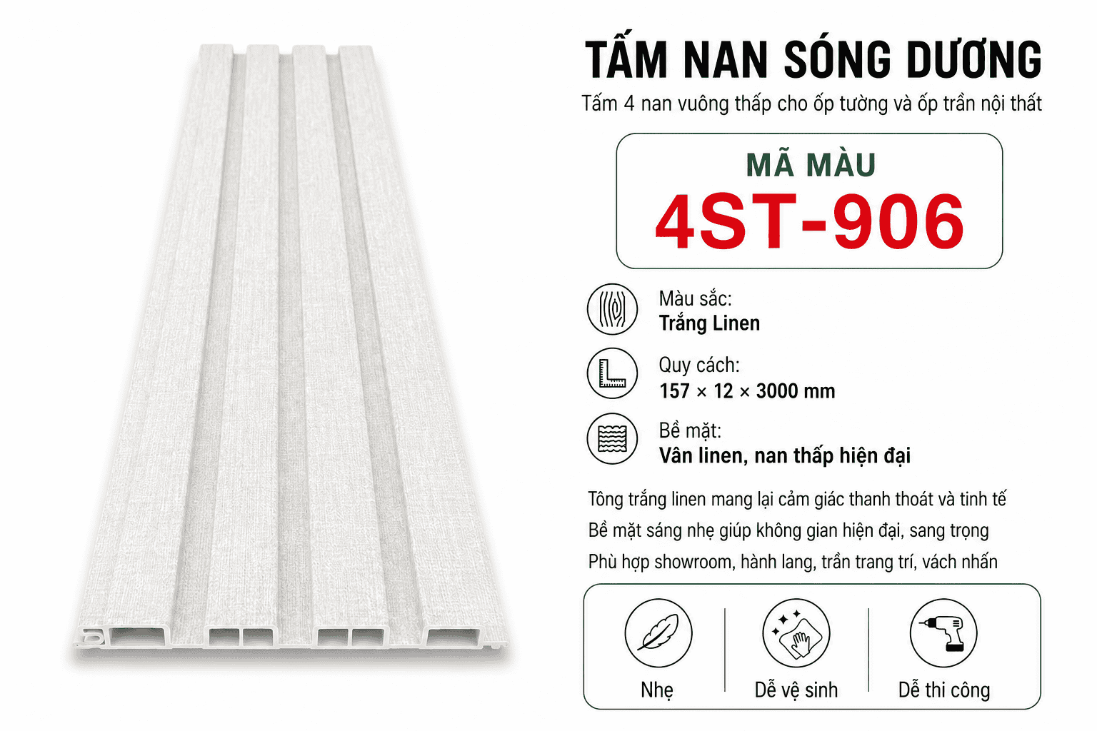 Tấm Ốp Nan Sóng Dương 4ST-906 Trắng Linen