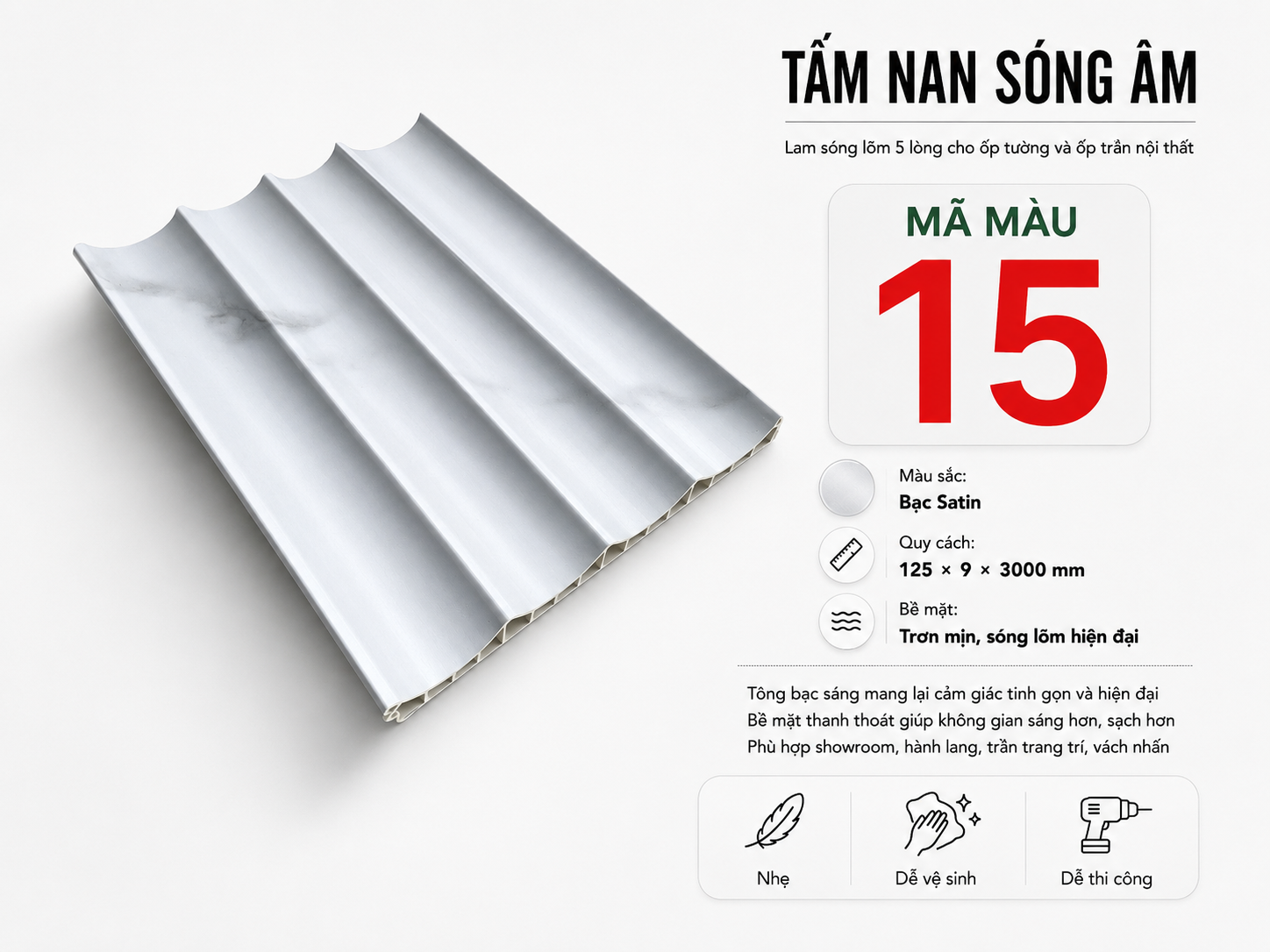 Tấm Nan Sóng Âm Màu 15 Bạc Satin