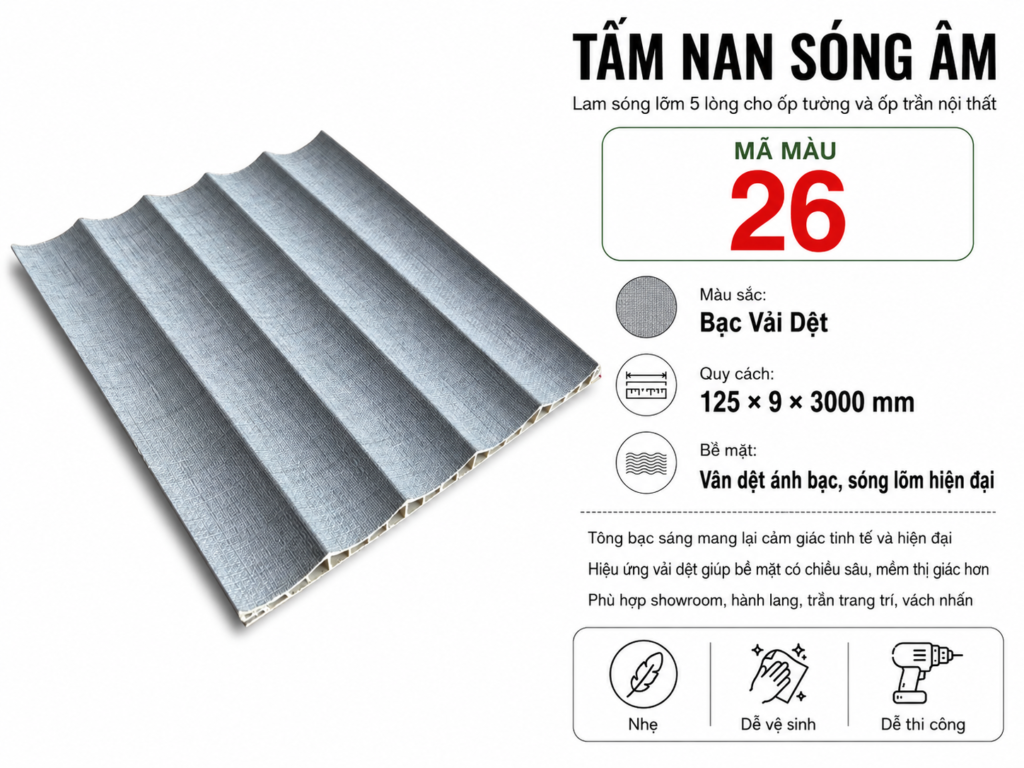 Tấm Nan Sóng Âm Màu 26 Bạc Vải Dệt