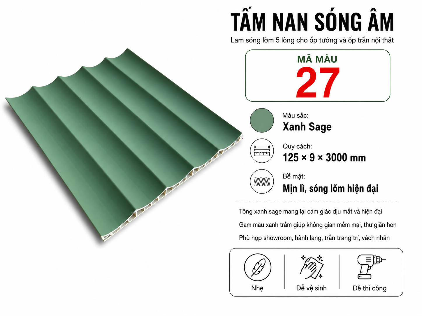 Tấm Nan Sóng Âm Màu 27 Xanh Sage