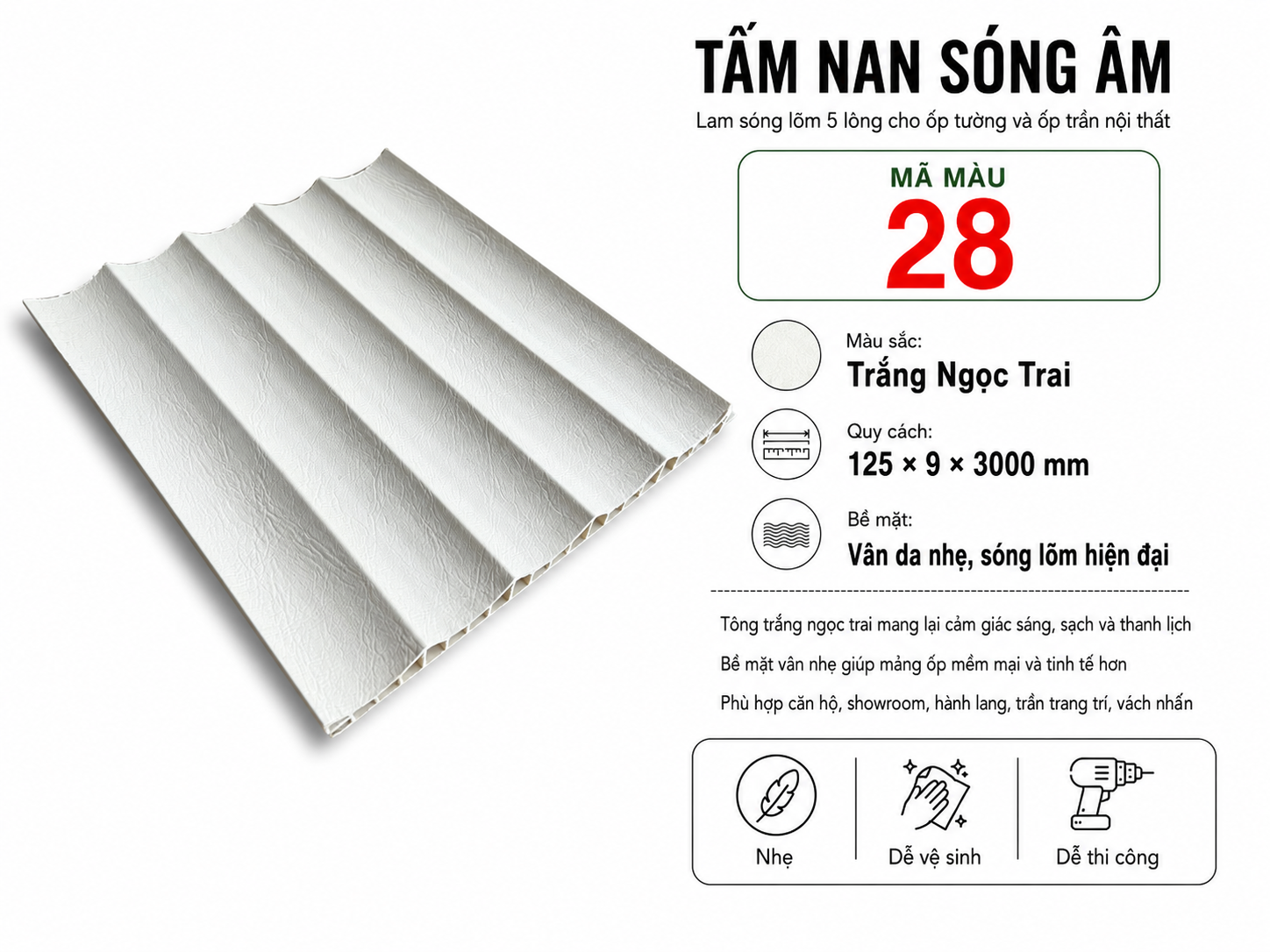 Tấm Nan Sóng Âm Màu 28 Trắng Ngọc Trai