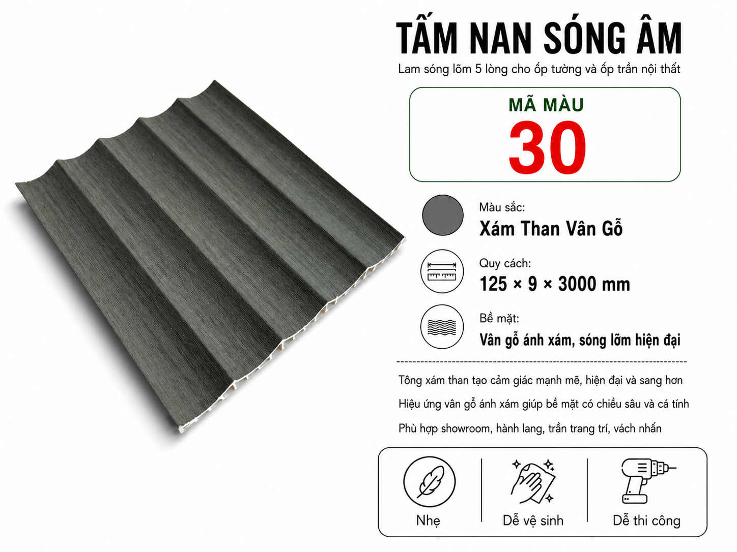 Tấm Nan Sóng Âm Màu 30 Xám Than