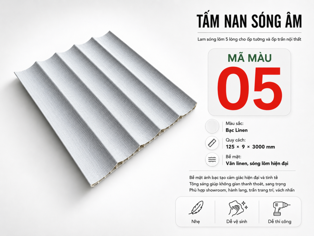 Tấm nan sóng âm màu 05 Bạc Linen ốp tường nội thất